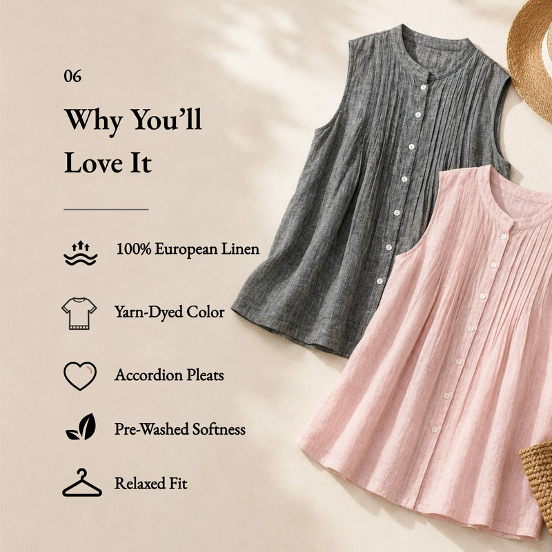 100% Linen Pleated Sleeveless Blouse