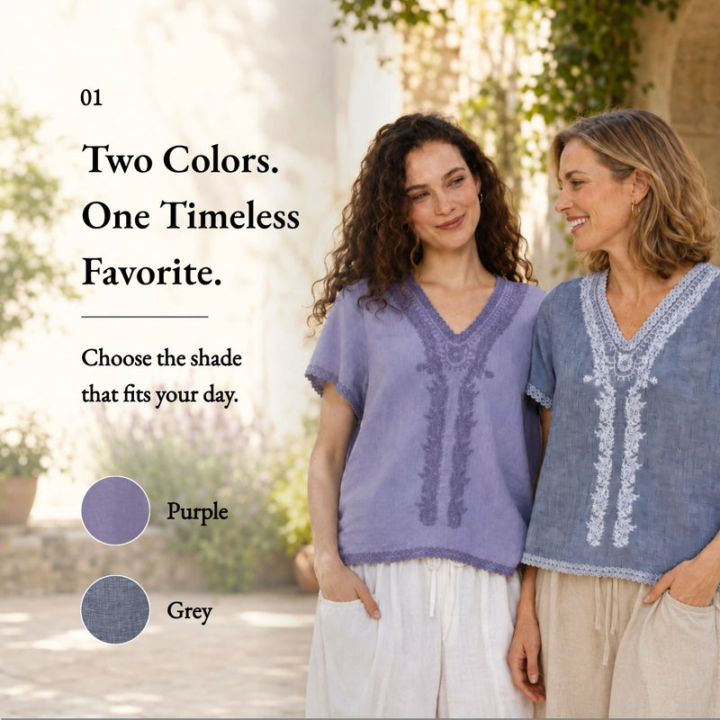 100% Linen V-Neck Embroidery Lace Trim Blouse