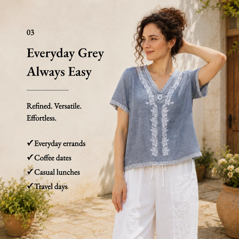 100% Linen V-Neck Embroidery Lace Trim Blouse