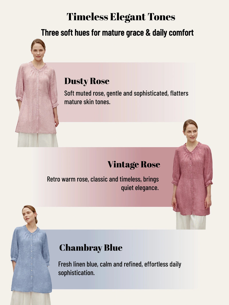 100% Linen Ruffle Trim Half Sleeve Tunic Shirt