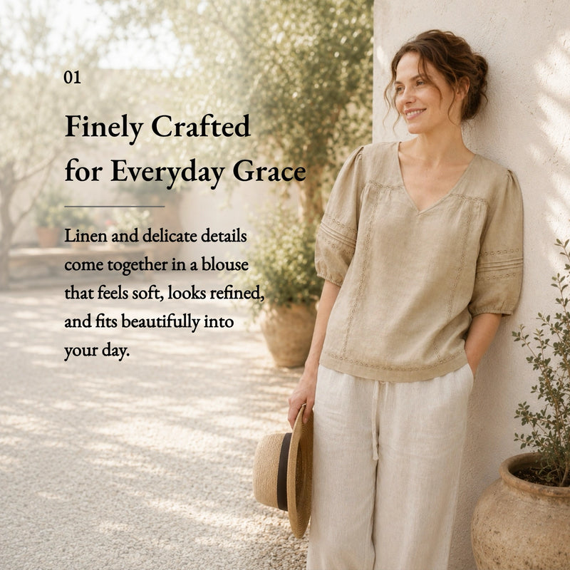 100% Linen Heavy-Embroidered V-neck Puff Sleeve Blouse