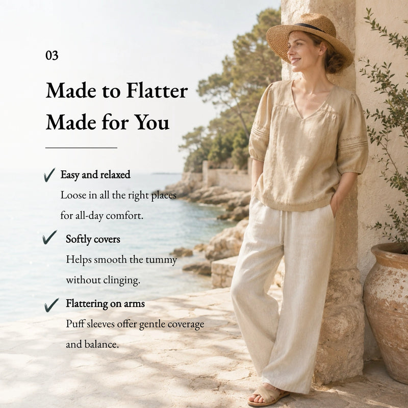 100% Linen Heavy-Embroidered V-neck Puff Sleeve Blouse