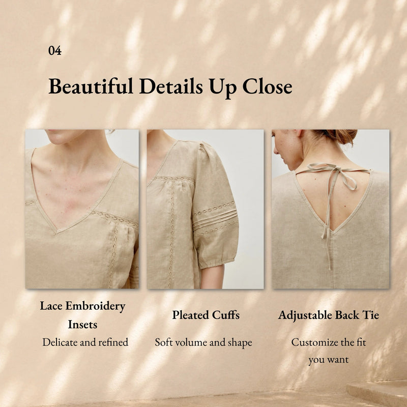 100% Linen Heavy-Embroidered V-neck Puff Sleeve Blouse