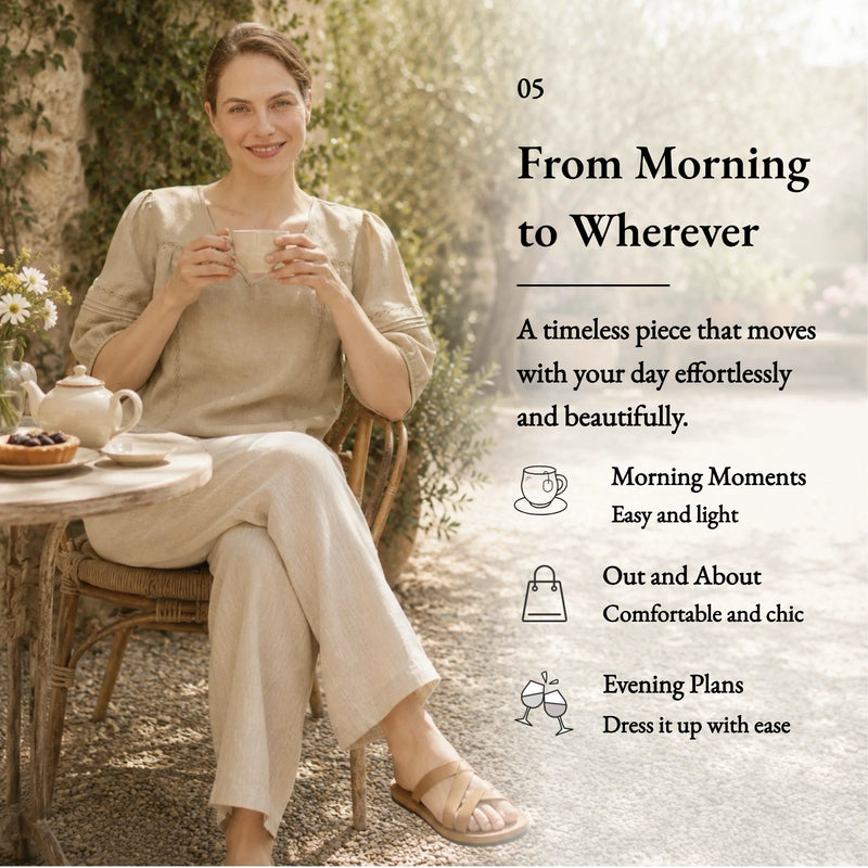 100% Linen Heavy-Embroidered V-neck Puff Sleeve Blouse