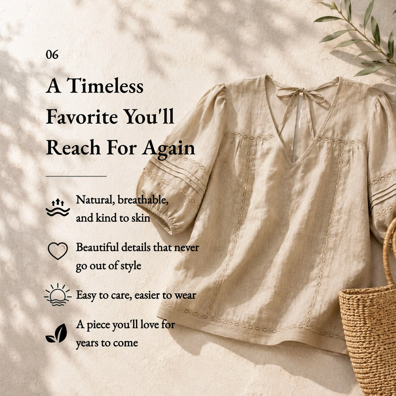 100% Linen Heavy-Embroidered V-neck Puff Sleeve Blouse