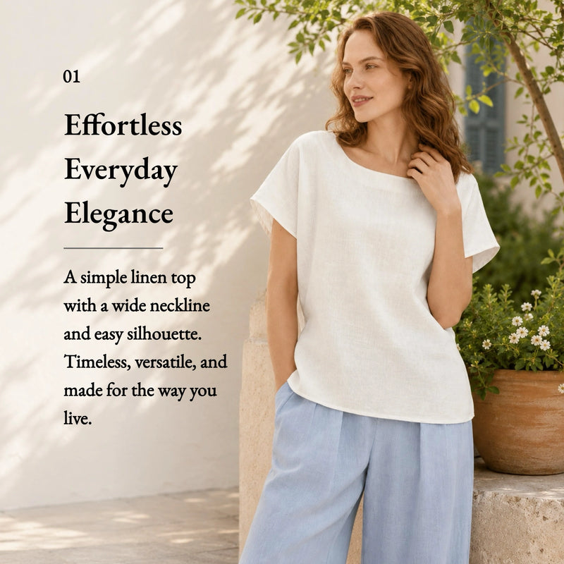 100% Linen Boat-Neck Short Sleeve Top