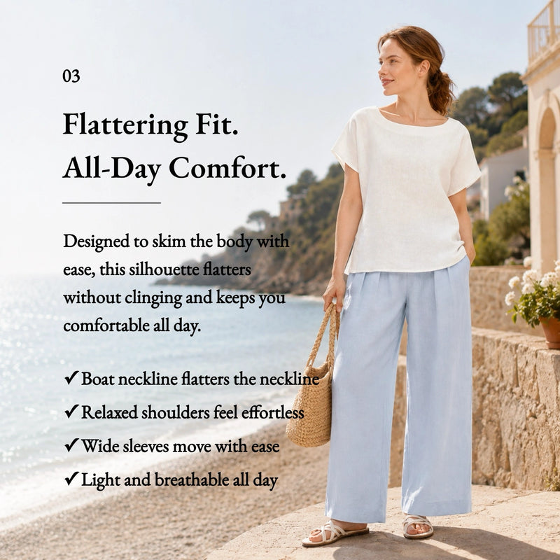 100% Linen Boat-Neck Short Sleeve Top