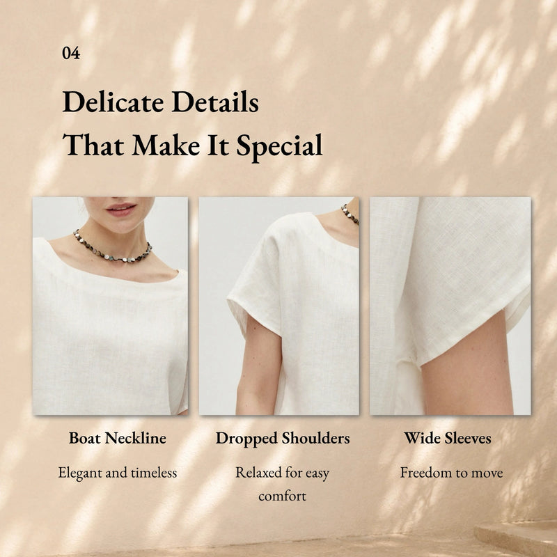 100% Linen Boat-Neck Short Sleeve Top