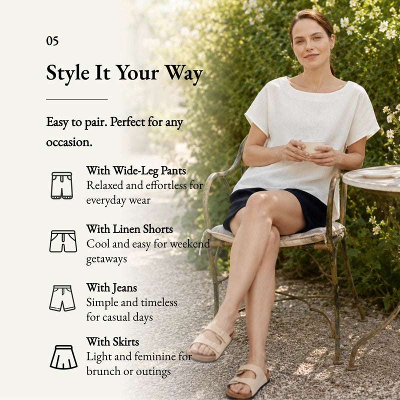 100% Linen Boat-Neck Short Sleeve Top