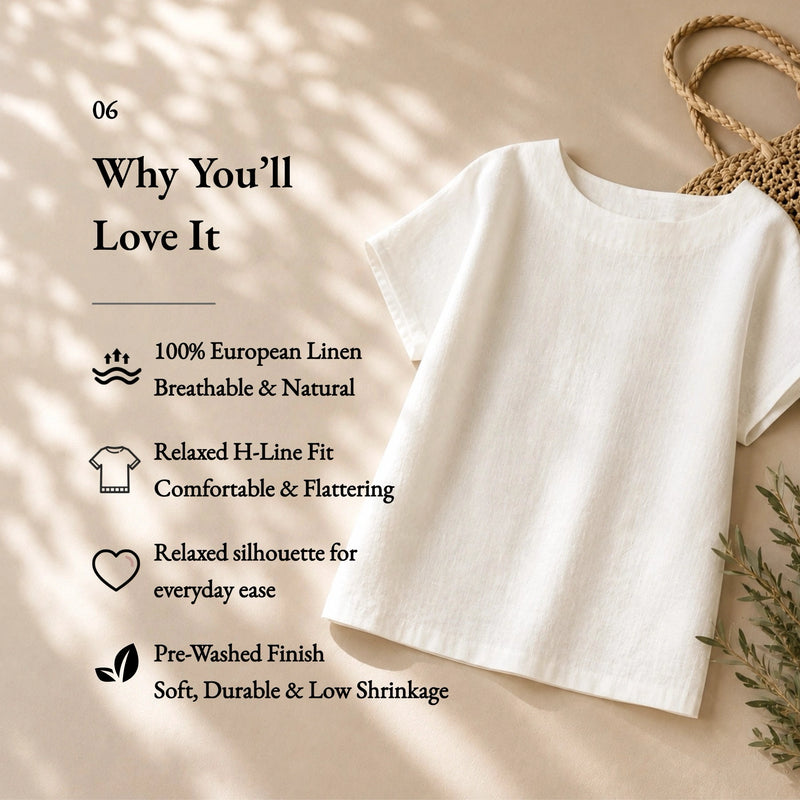 100% Linen Boat-Neck Short Sleeve Top