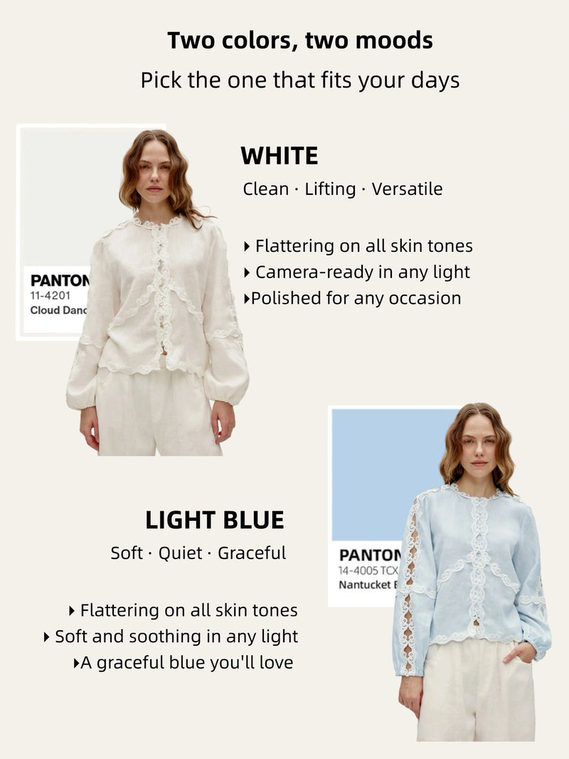 100% Linen Heavy-Embroidered Lace Splicing Side Cutouts Elasticated Cuffs Blouse