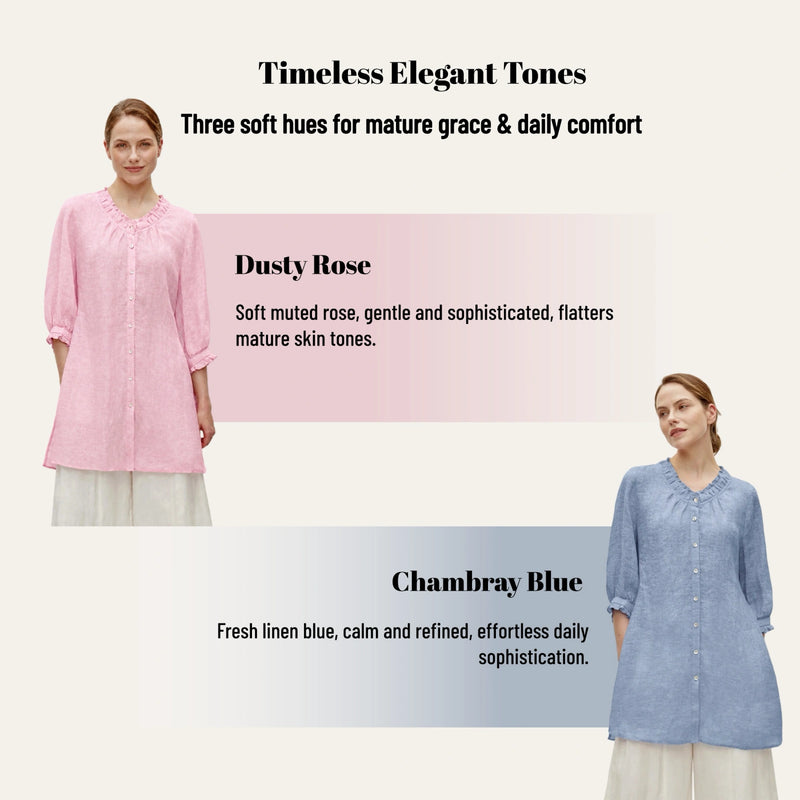 100% Linen Ruffle Trim Half Sleeve Tunic Shirt