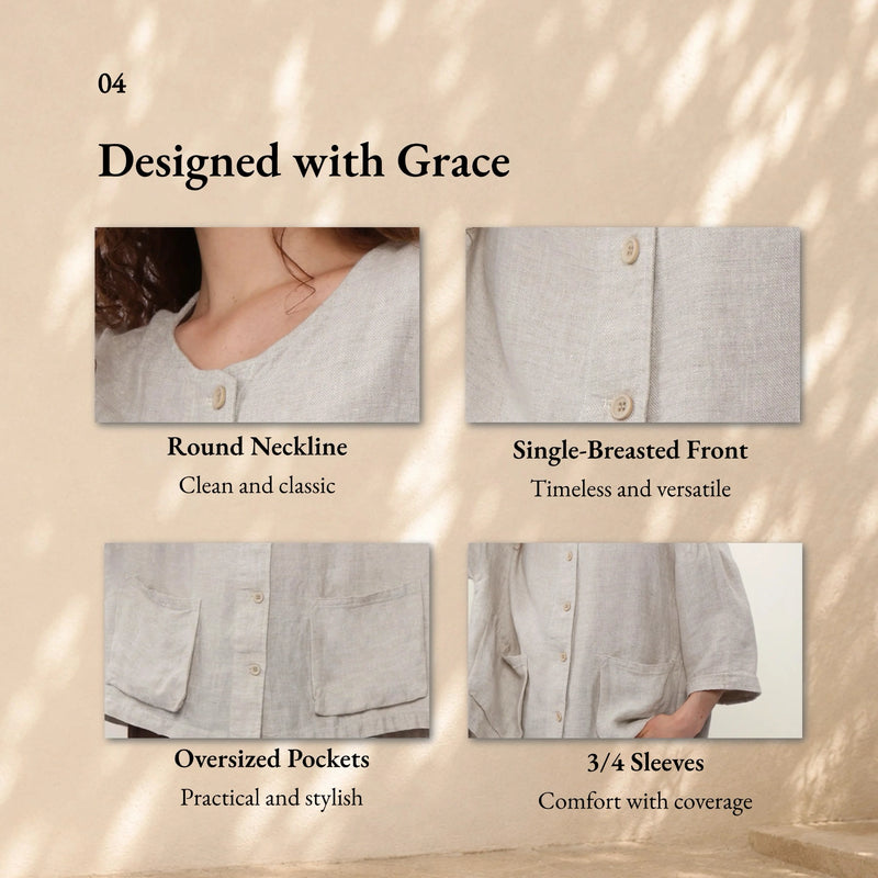 100% Linen Round Neck 3/4 Sleeve Patch Pocket Blouse