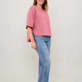 100% Linen Round Neck Half Sleeve Curved Hem Relaxed Top