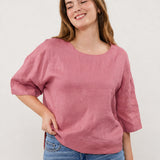 100% Linen Round Neck Half Sleeve Curved Hem Relaxed Top