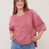 100% Linen Round Neck Half Sleeve Curved Hem Relaxed Top