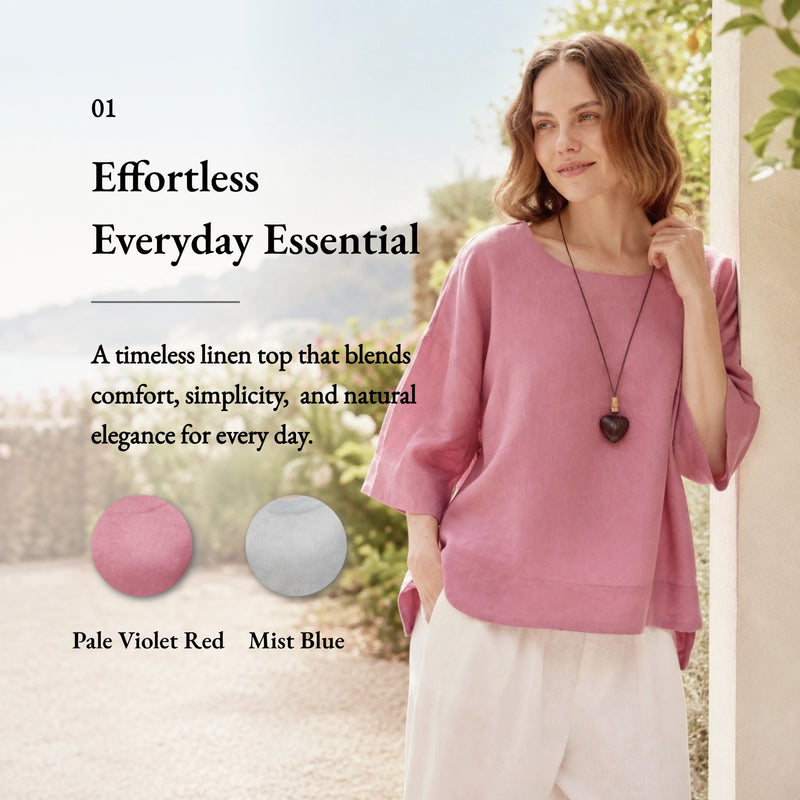100% Linen Round Neck Half Sleeve Curved Hem Relaxed Top