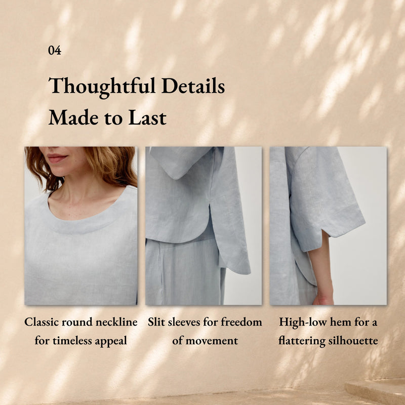 100% Linen Round Neck Half Sleeve Curved Hem Relaxed Top