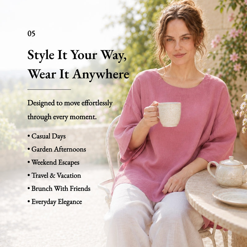 100% Linen Round Neck Half Sleeve Curved Hem Relaxed Top