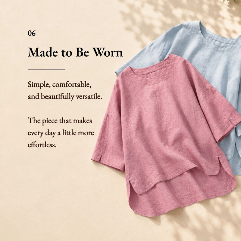 100% Linen Round Neck Half Sleeve Curved Hem Relaxed Top