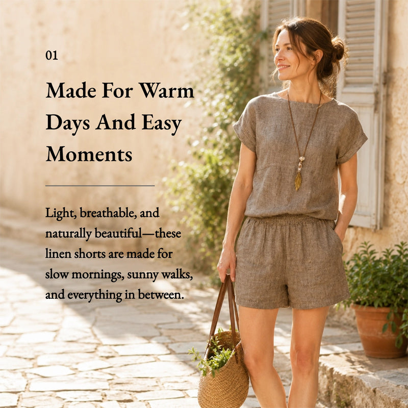 100% Linen Wide Elastic Waistband Shorts