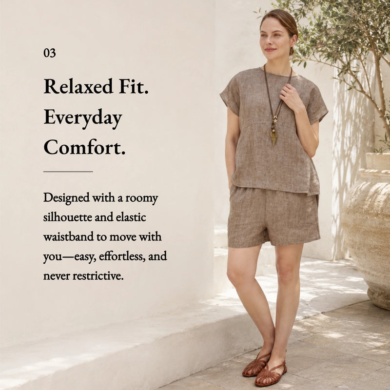 100% Linen Wide Elastic Waistband Shorts