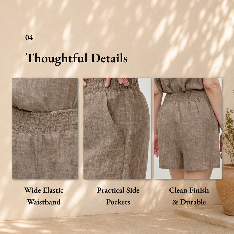 100% Linen Wide Elastic Waistband Shorts