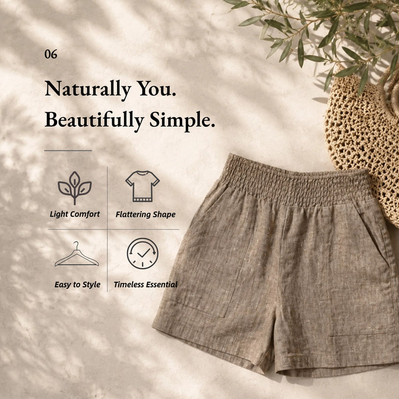 100% Linen Wide Elastic Waistband Shorts