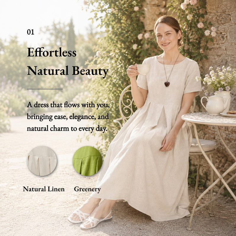 100% Linen Short Sleeve Pleated Maxi Dress