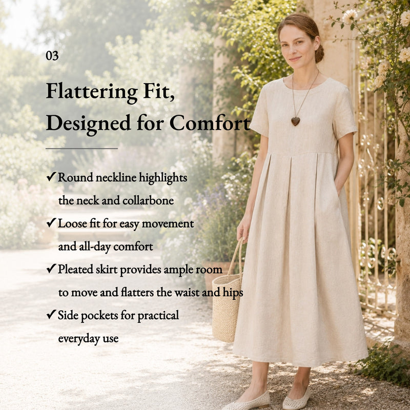100% Linen Short Sleeve Pleated Maxi Dress