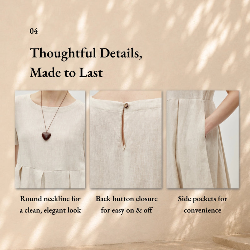 100% Linen Short Sleeve Pleated Maxi Dress