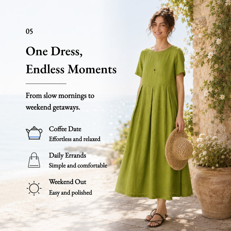 100% Linen Short Sleeve Pleated Maxi Dress