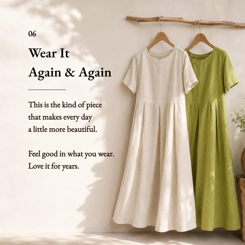 100% Linen Short Sleeve Pleated Maxi Dress