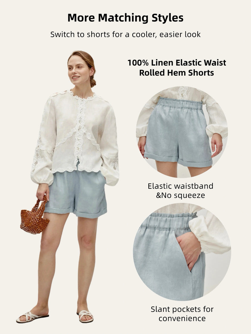 100% Linen Heavy-Embroidered Lace Splicing Side Cutouts Elasticated Cuffs Blouse