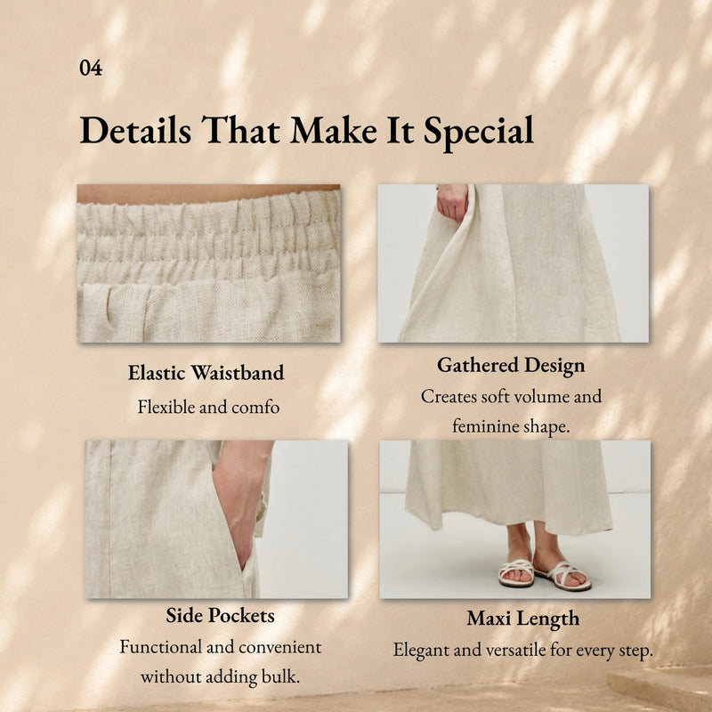 100% Linen Elastic Waist Side Pocket Maxi Skirt
