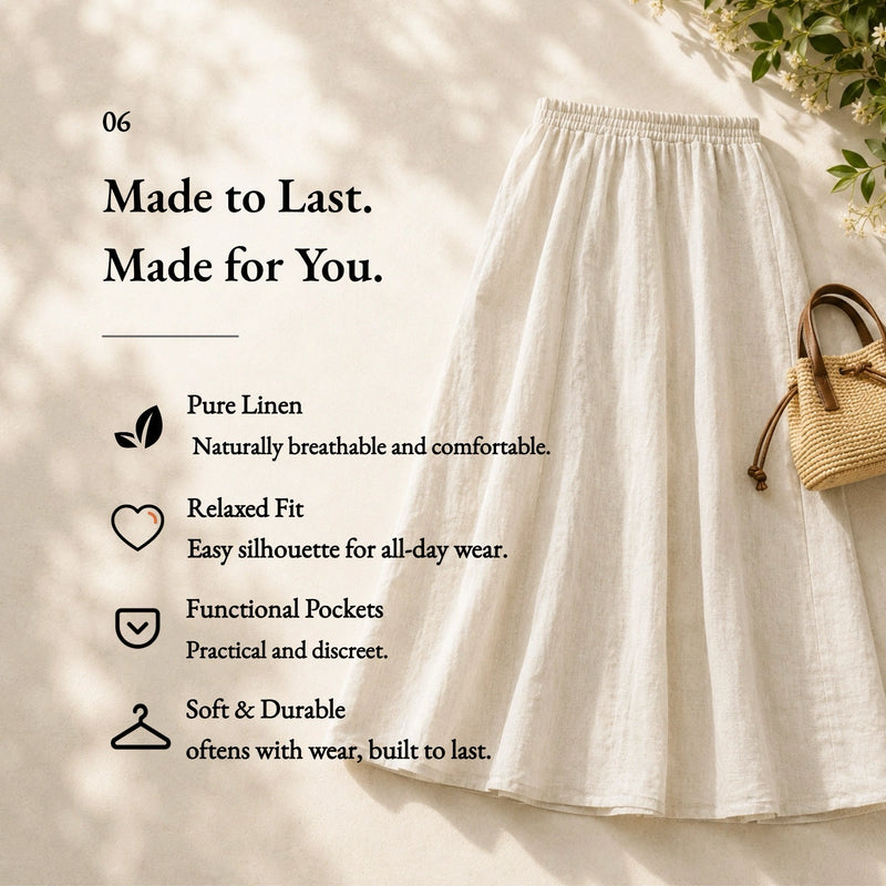 100% Linen Elastic Waist Side Pocket Maxi Skirt