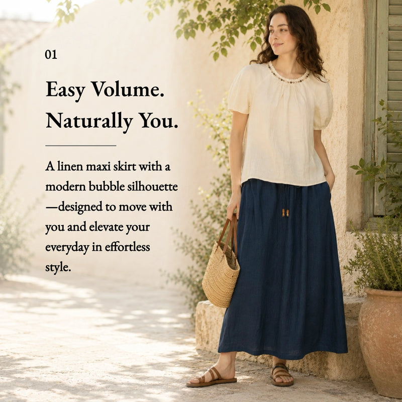 100% Linen Drawstring Waist Bubble Maxi Skirt