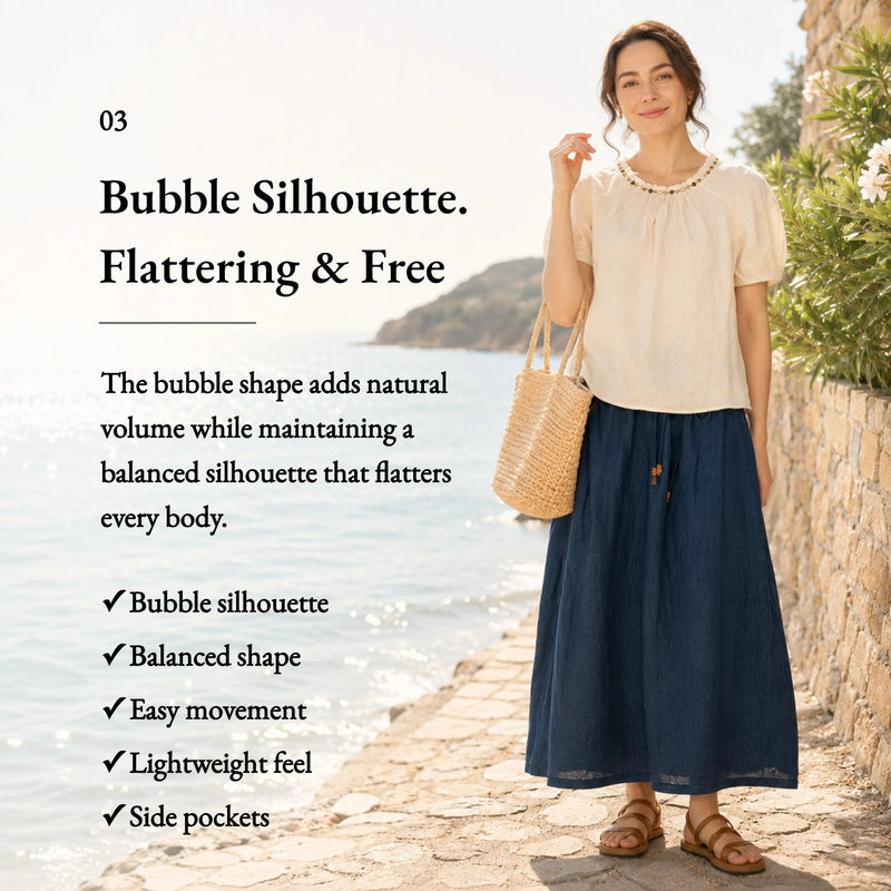 100% Linen Drawstring Waist Bubble Maxi Skirt