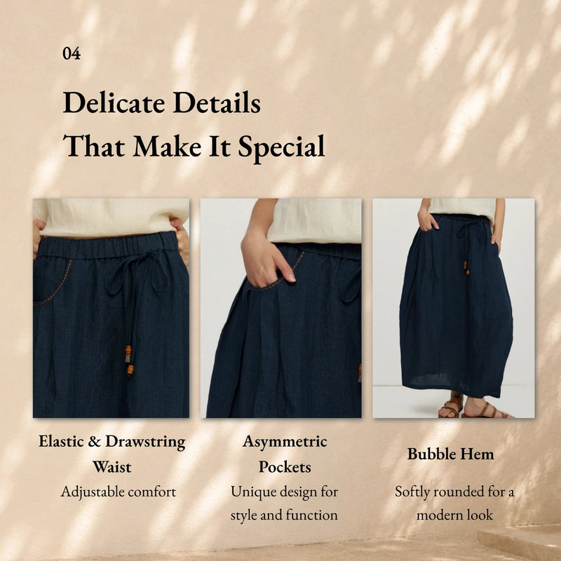 100% Linen Drawstring Waist Bubble Maxi Skirt