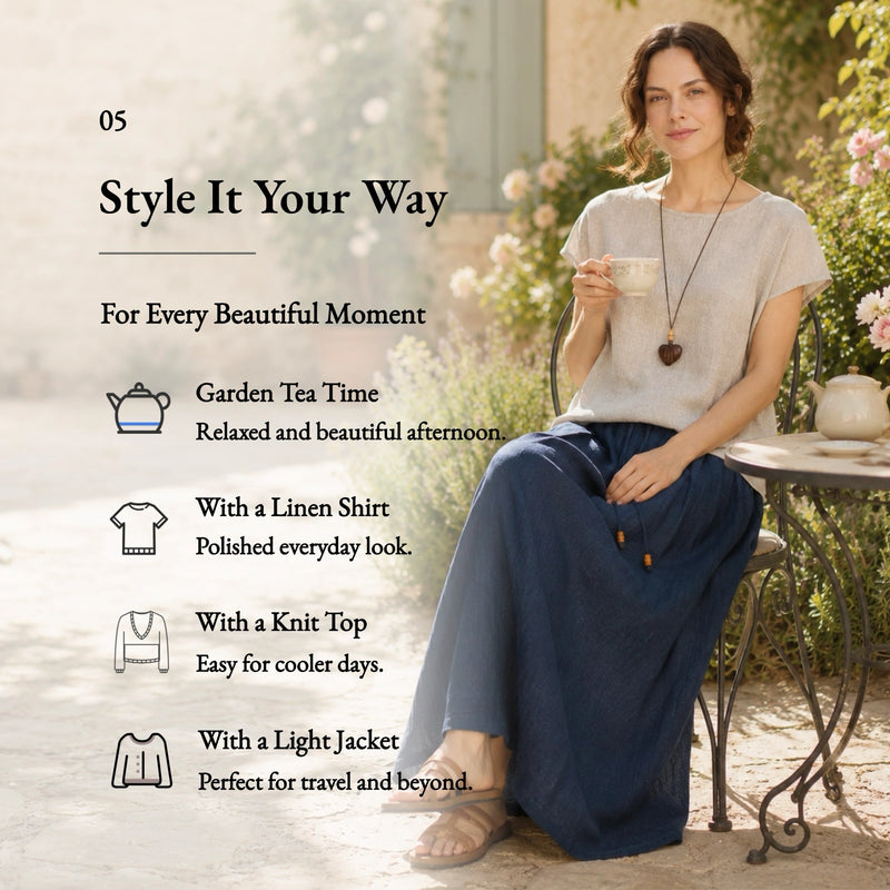 100% Linen Drawstring Waist Bubble Maxi Skirt