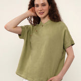 100% Linen Mandarin Collar Asymmetric Short Sleeve Blouse