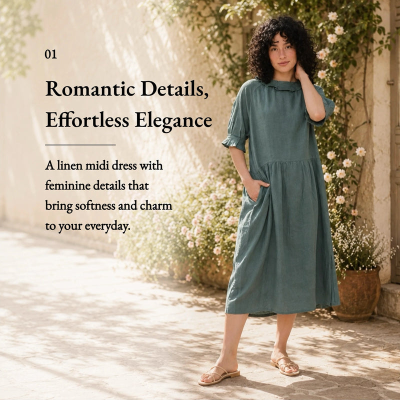 100% Linen Ruffle Trim Pleated Midi Dress