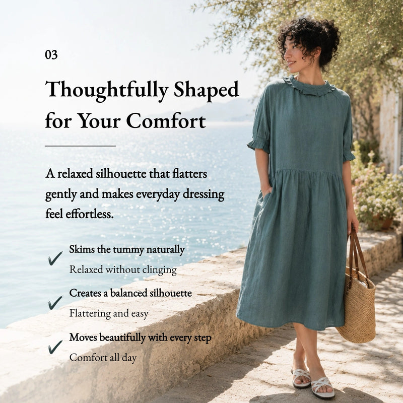 100% Linen Ruffle Trim Pleated Midi Dress