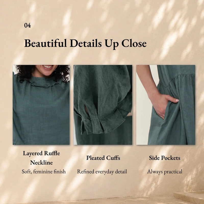 100% Linen Ruffle Trim Pleated Midi Dress
