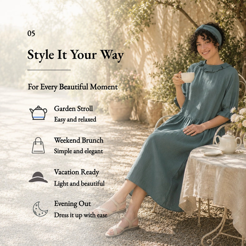 100% Linen Ruffle Trim Pleated Midi Dress
