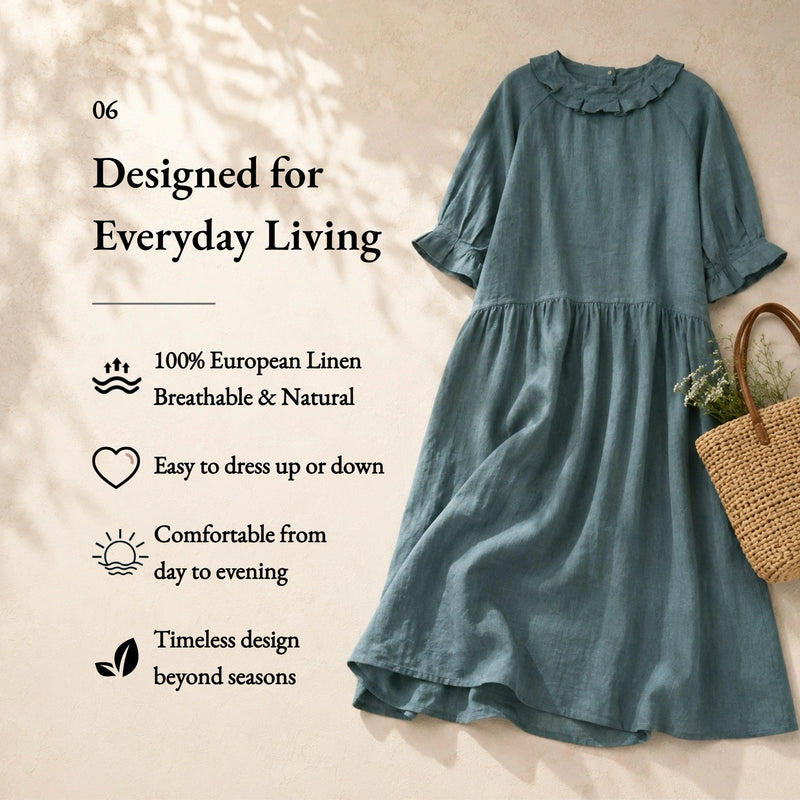 100% Linen Ruffle Trim Pleated Midi Dress