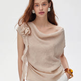 100% Linen 3D Flower Detail Off-Shoulder Draped Blouse