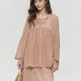 100% Linen Gathered Neck Tie Detail Blouse
