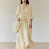 100% Linen V-Neck Batwing Sleeve Maxi Dress
