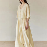 100% Linen V-Neck Batwing Sleeve Maxi Dress